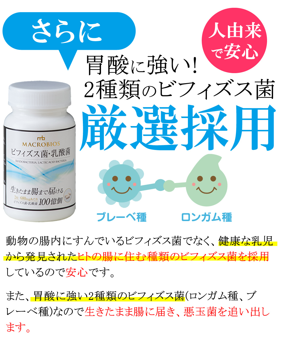 動物の腸内にすんでいるビフィズス菌でなく、健康な乳児から発見されたヒトの腸に住む種類のビフィズス菌を採用しているので安心です。